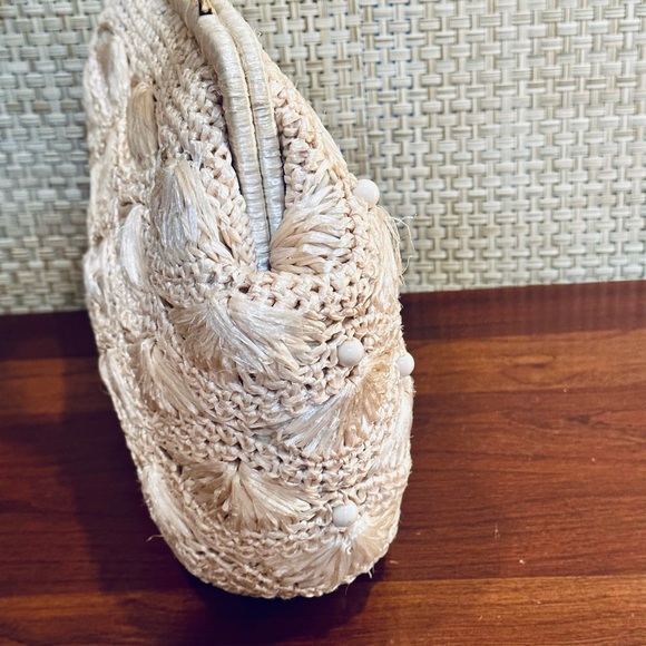 🌟2xHP🌟VTG 1960-70s Crocheted Cream Raffia Kiss Clasp Satchel Bag Jordan Marsh - Picture 6 of 12